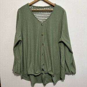 New York Laundry Womens Green Swiss Dot Crochet Lace Tie Front Blouse 2X Boho